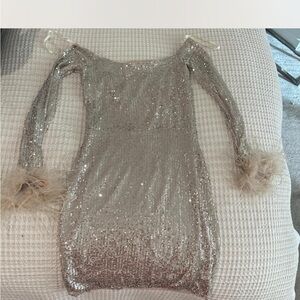 Sequin Off-Shoulder Mini Dress with Feather Cuffs - Silver